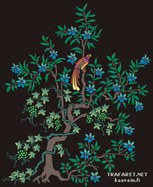 puu, viiniköynnös ja lintu (Sapluunat puiden piirtämiseen)