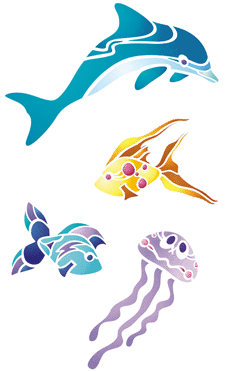 Delfiini ja ystävät - koristeluun tarkoitettu sapluuna