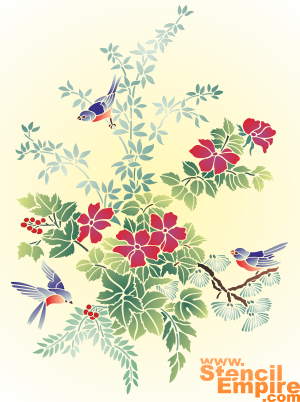 Blommor och fåglar - schablon för dekoration