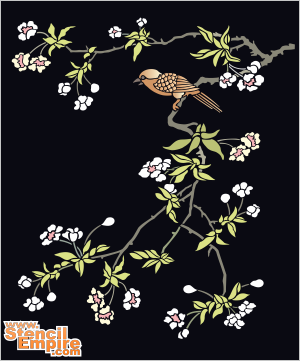 pikkulintu sakuran oksalla - koristeluun tarkoitettu sapluuna