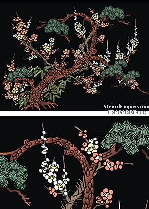 Tall och sakura - schablon för dekoration