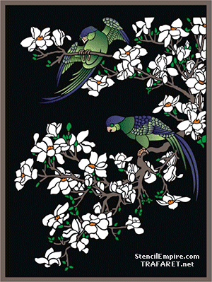 Papukaijat ja magnolia - koristeluun tarkoitettu sapluuna