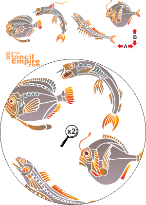 syyvydestä, neljä kalaa - koristeluun tarkoitettu sapluuna